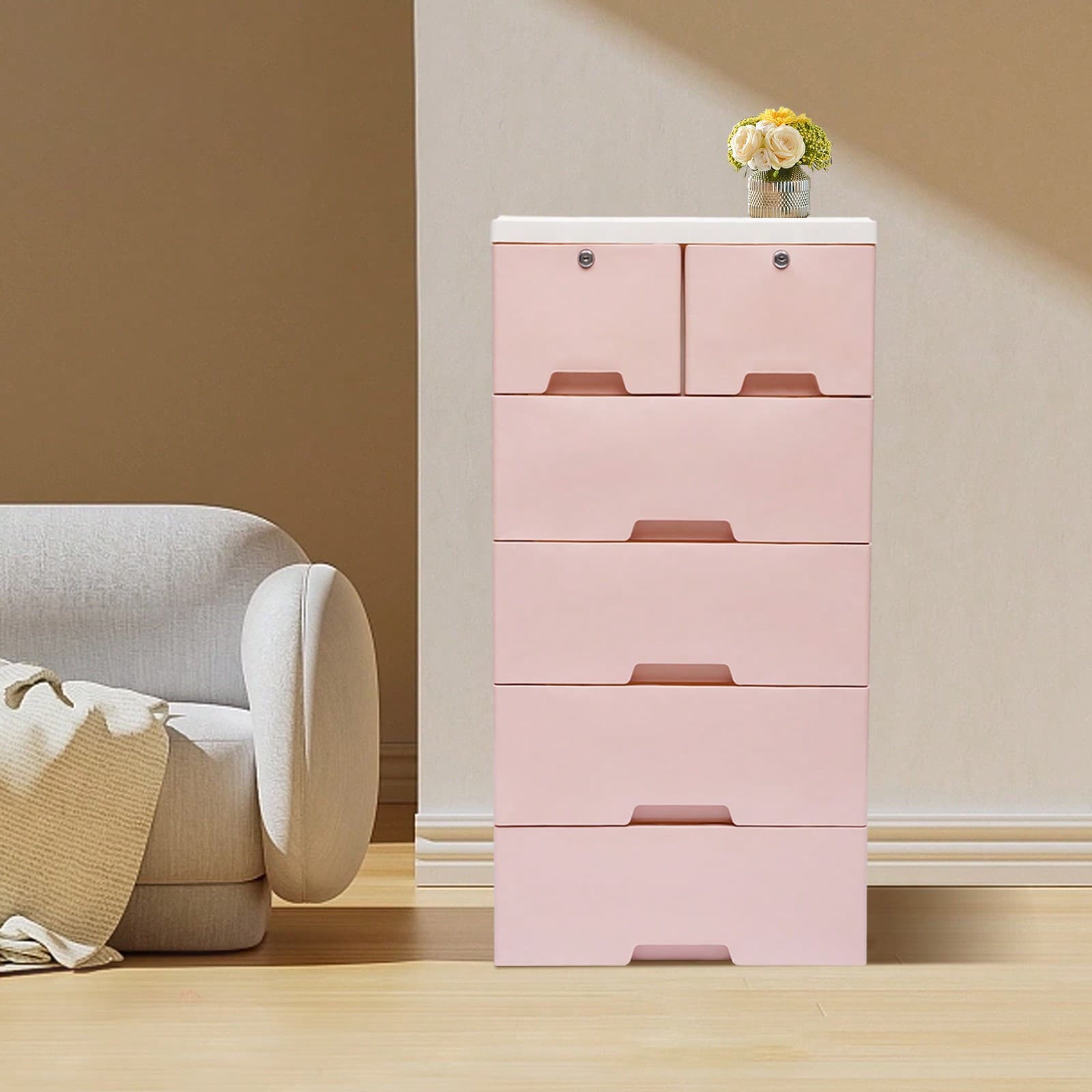 (Rose/bleu) Armoire de rangement avec 6 tiroirs en plastique, étagère à tiroirs, armoire de chevet, casier avec 4 roulettes, 50 x 35 x 102 cm