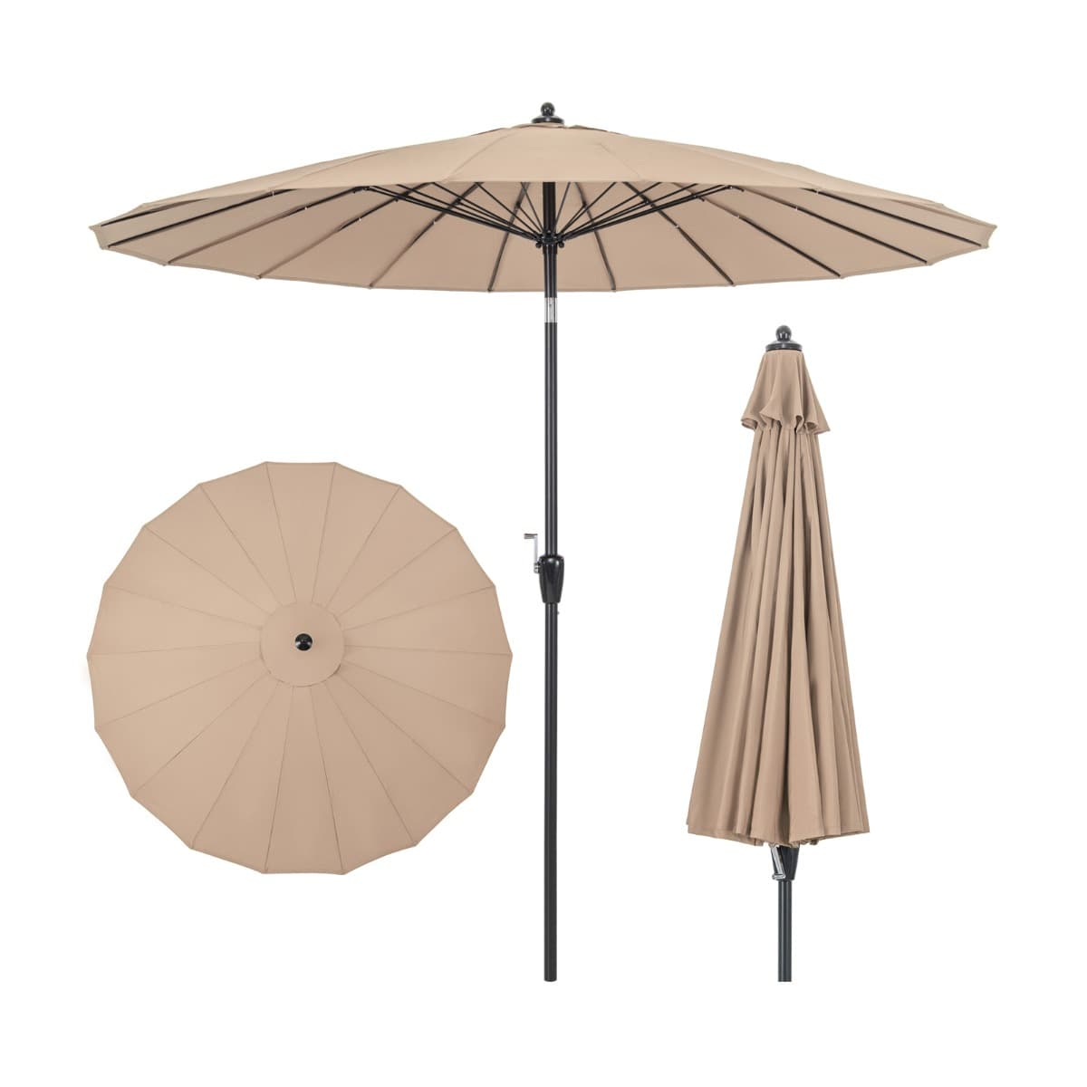 CostwayParasol de Terrasse Rond de 265 Cm Parasol avec 18 Baleines en Fibre de Verre Inclinaison à Bouton-poussoir Manivelle Toile Résistante Marron